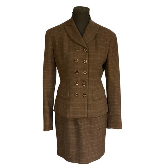 Tahari Brown Tweed Skirt Suite Set Double Breasted Career Wear Wool Size 4 - Picture 1 of 14